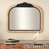 35" Brown & Black Woven Floral Rattan Wall Mirror with Beaded Detailing