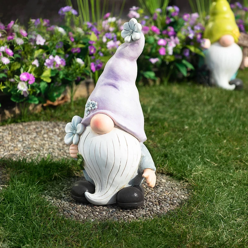 18" Gnome with Purple Hat & Flower Outdoor Garden Statue