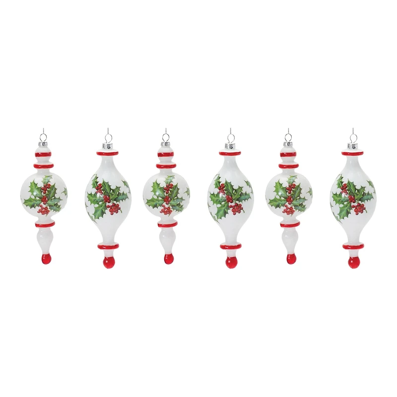 6ct. Holly Glass Finial Drop Ornament Set