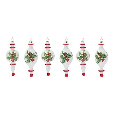 6ct. Holly Glass Finial Drop Ornament Set