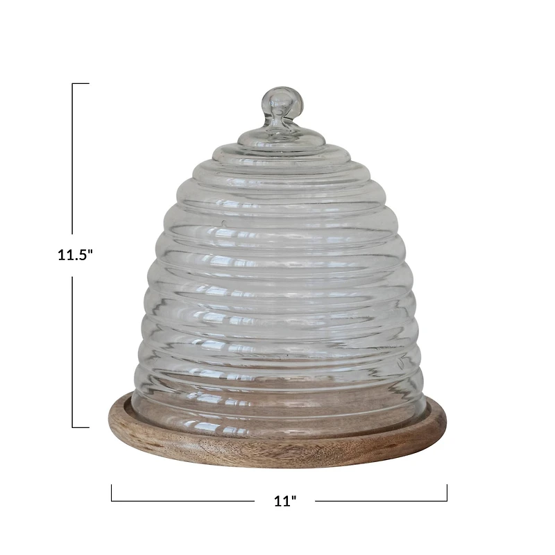 Hello Honey® 11.5" Clear & Natural Reclaimed Etched Glass Beehive Shaped Cloche with Mango Wood Base