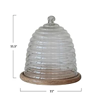 Hello Honey® 11.5" Clear & Natural Reclaimed Etched Glass Beehive Shaped Cloche with Mango Wood Base