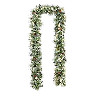 Glitzhome® 9ft. Pre-Lit Frosted Greenery Pinecones Christmas Garland with Timer