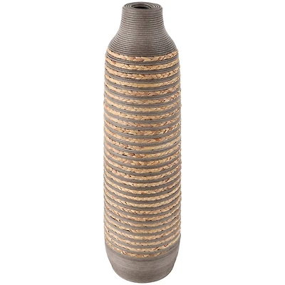 32" Brown Seagrass Handmade Braided Vase with Layered Gray Paneling