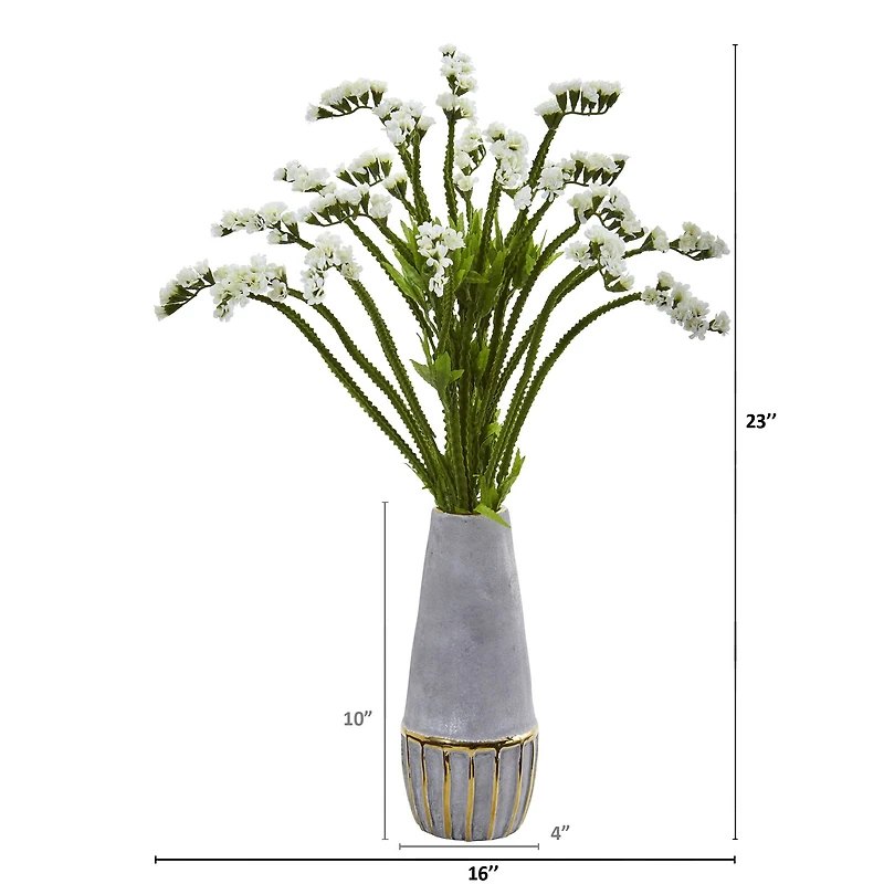 23" Baby's Breath Artificial Arrangement in Oval Vase with Gold Trimming