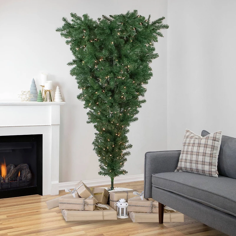 7.5ft. Pre-Lit Green Upside Down Spruce Artificial Christmas Tree, Clear Lights