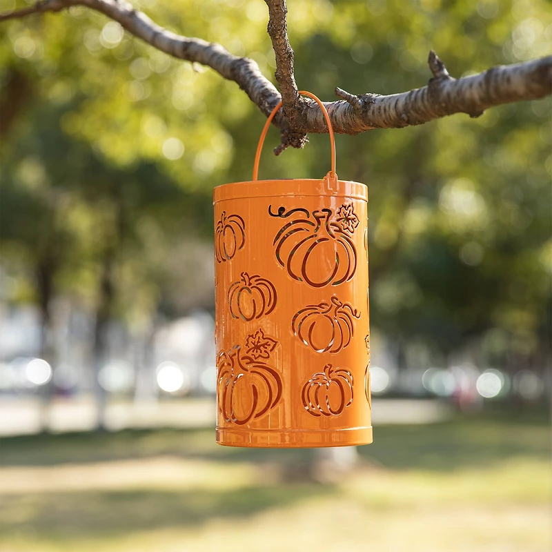 Glitzhome® 10.75" Fall Metal Pumpkin Solar Powered LED Lantern