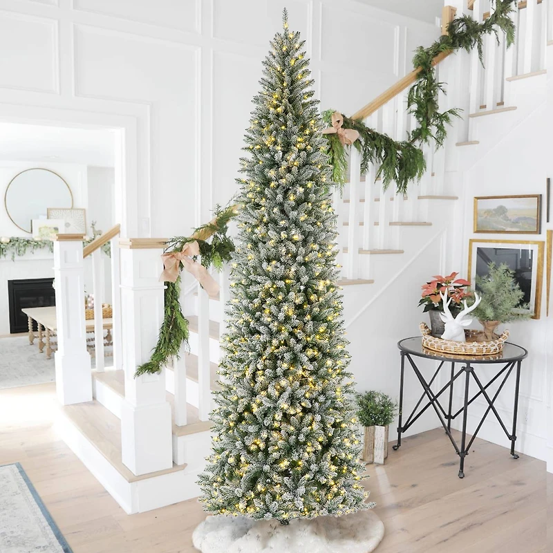 11ft. Pre-Lit Flocked Fir Pencil Artificial Christmas Tree, Warm White LED Lights