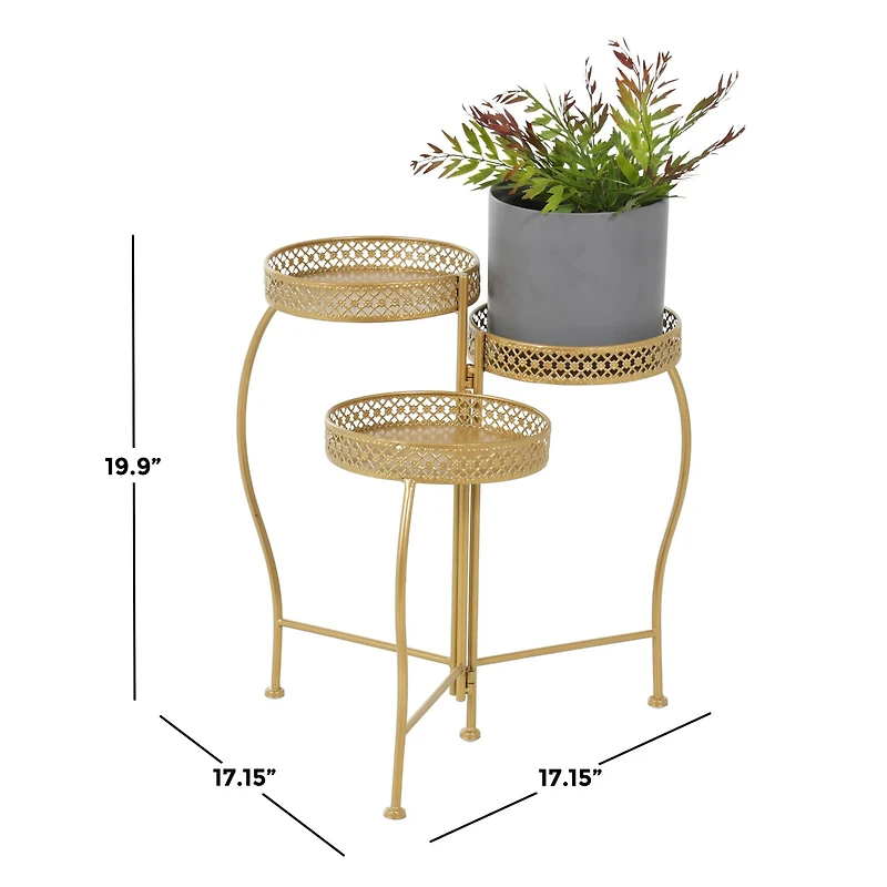20" Gold Metal Curved Folding 3 Tier Plantstand with Floral & Scroll Patterns