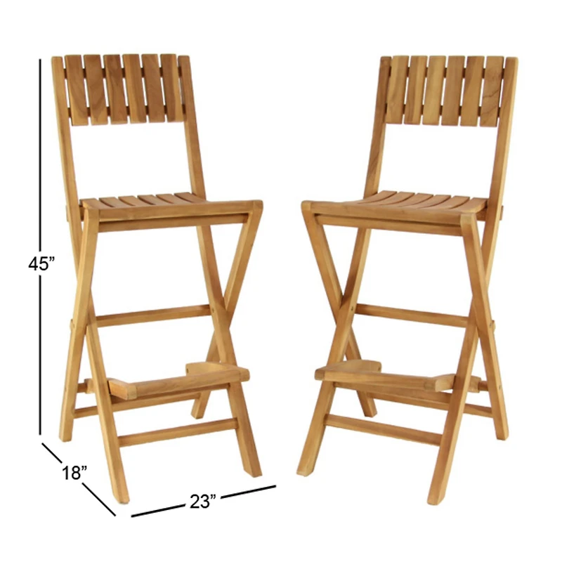 Set of 2 Brown Teak Wood Traditional Outdoor Bar Stool, 18" x 45"