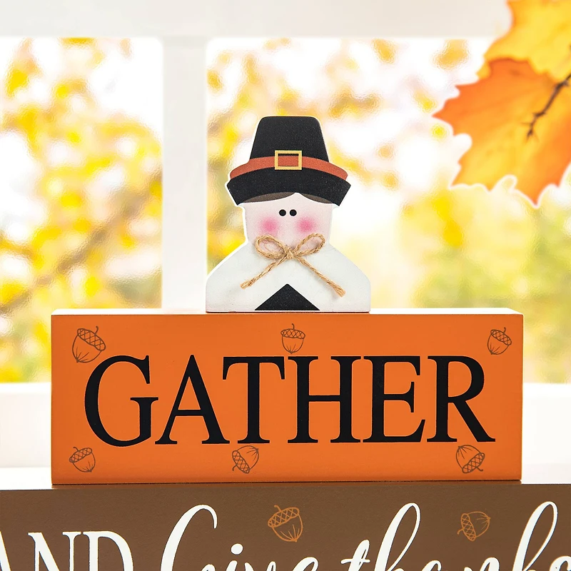 Glitzhome® 9.5" Thanksgiving Wooden Pilgrim Table Block Sign