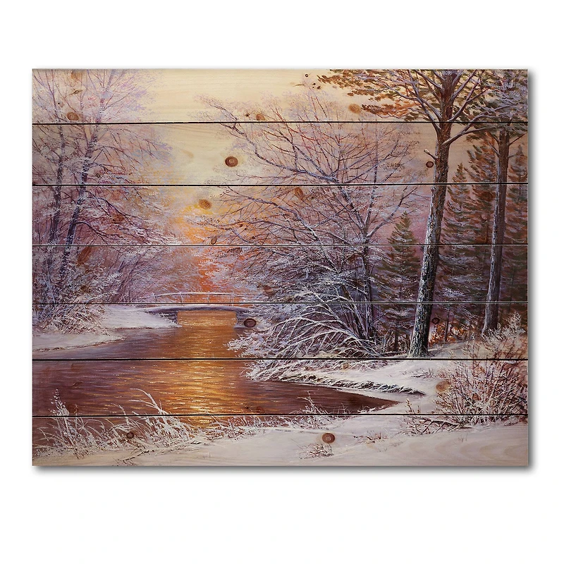Designart Christmas Forest with River & Trees II Print on Natural Pine Wood