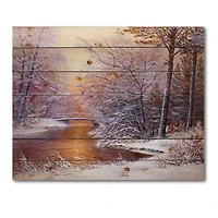 Designart Christmas Forest with River & Trees II Print on Natural Pine Wood