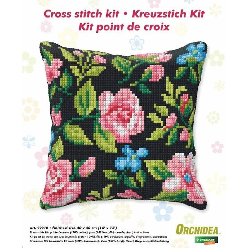 Orchidea Cushion Cross Stitch Kit Roses On The Black Background