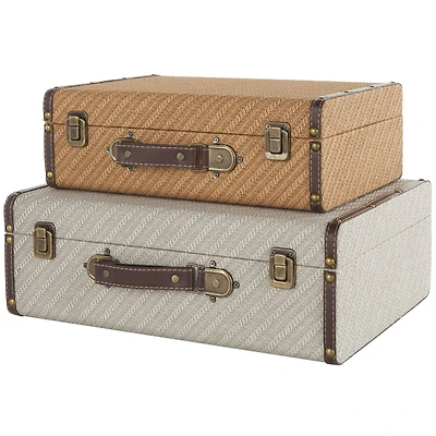 Taupe & Brown Vintage-Style Studded Woven Decorative Trunk Set