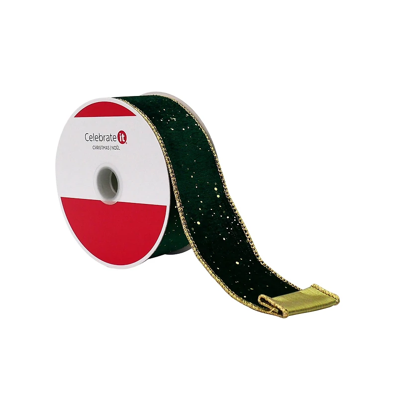1.5" x 15ft. Green & Gold Wired Velvet Ribbon by Celebrate It®