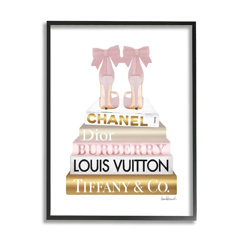 Stupell Industries Pink Gold Heels Bookstack Glam Fashion Design Framed Wall Art