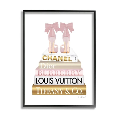 Stupell Industries Pink Gold Heels Bookstack Glam Fashion Design Framed Wall Art