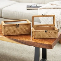 Brown Handmade Woven Rattan Box with Glass Top Set