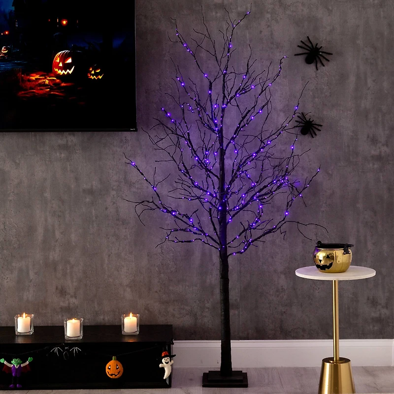 6ft. Orange & Purple LED Pre-Lit Halloween Deluxe Black Twig Artificial Fall Tree