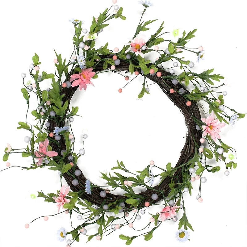 15" Green, Pink, and Purple Artificial Spring Floral Twig Wreath