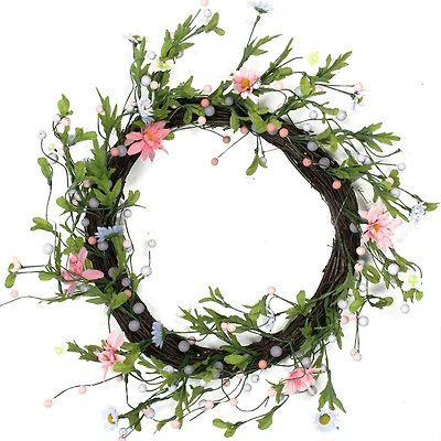 15" Green, Pink, and Purple Artificial Spring Floral Twig Wreath