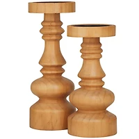 The Novogratz Brown Wood Round Turned Style Pillar Candle Holder Set