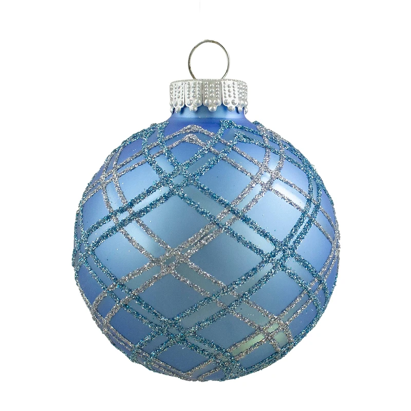 4ct. 2.75" Blue & Silver Plaid Glitter Glass Christmas Ornament Ball Set