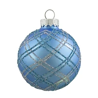 4ct. 2.75" Blue & Silver Plaid Glitter Glass Christmas Ornament Ball Set