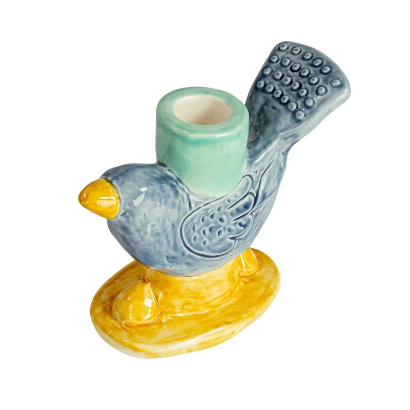 Hello Honey® 6" Yellow & Blue Chirpy Elegance Stoneware Taper Candle Holder