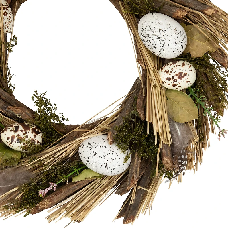 14" Speckled Eggs & Feathers Artificial Easter Wreath