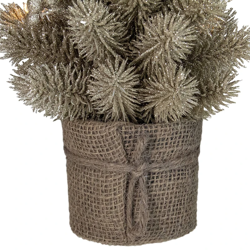 10.25" Pre-Lit Metallic Glitter Artificial Potted Christmas Tree with Burlap Base, Clear LED Lights