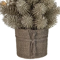 10.25" Pre-Lit Metallic Glitter Artificial Potted Christmas Tree with Burlap Base, Clear LED Lights