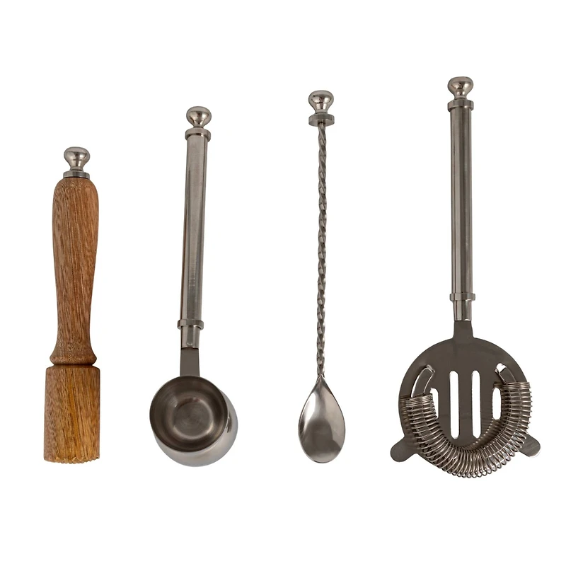 Hello Honey 5-Piece Stainless Steel and Mango Wood Bar Tools with Stand, Nickel Finish and Natural