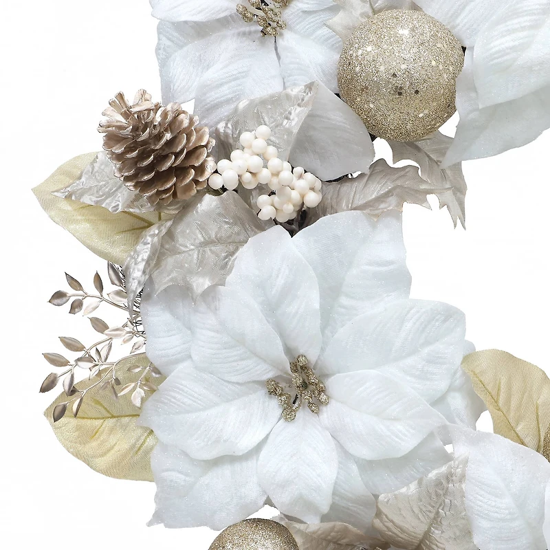 26" White & Gold Poinsettia, Berry & Ornament Wreath by Ashland®