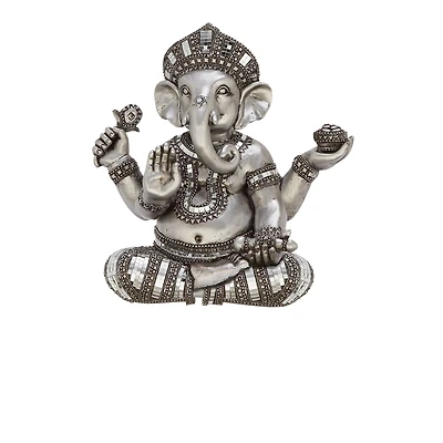 12" Silver Polystone Ganesh Meditating Sculpture