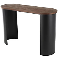 47.25" Black Wood Curved Crescent Living Room Console Table with Brown Wood Oval Tabletop