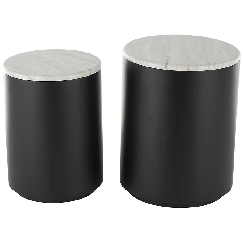 Black Metal Nesting Accent Table with Faux White Marble Top Set