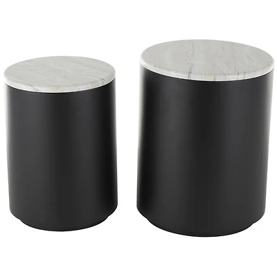 Black Metal Nesting Accent Table with Faux White Marble Top Set