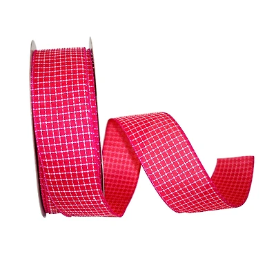 Reliant 2.5" x 50yd. Shocking Pink Saddle Stitch Check Linen Wired Ribbon