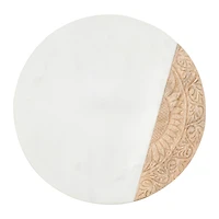 Hello Honey® 12" Round Contemporary Mango Wood & Marble Serving Board with Engraved Design