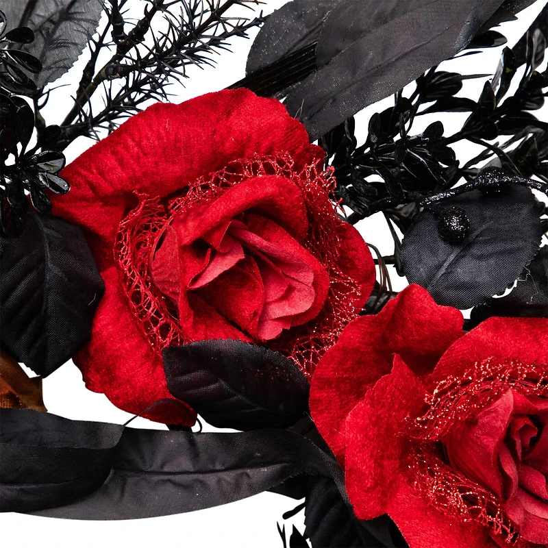 22" Red & Gold Roses with Black Foliage Halloween Wreath