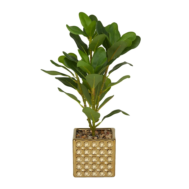15" Glam Style Evergreen Artificial Foliage in Gold Porcelain Pot