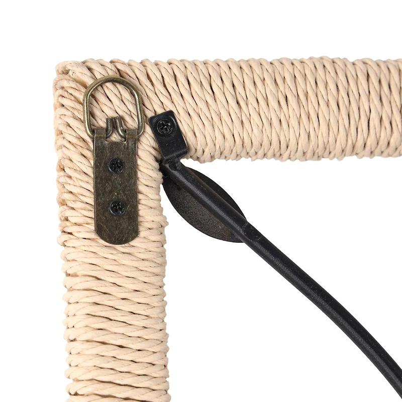 Black Metal Leaf Wall Décor with Cream Rattan Frame and Bronze Bird Accents, Set of 2