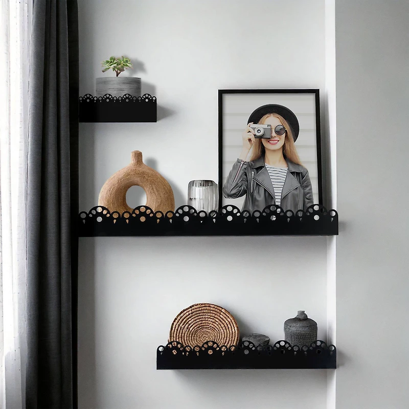 American Art Decor Scallop Metal Floating Shelves, 3pc Picture Ledge Set, Black - 3" x 5" x 24"