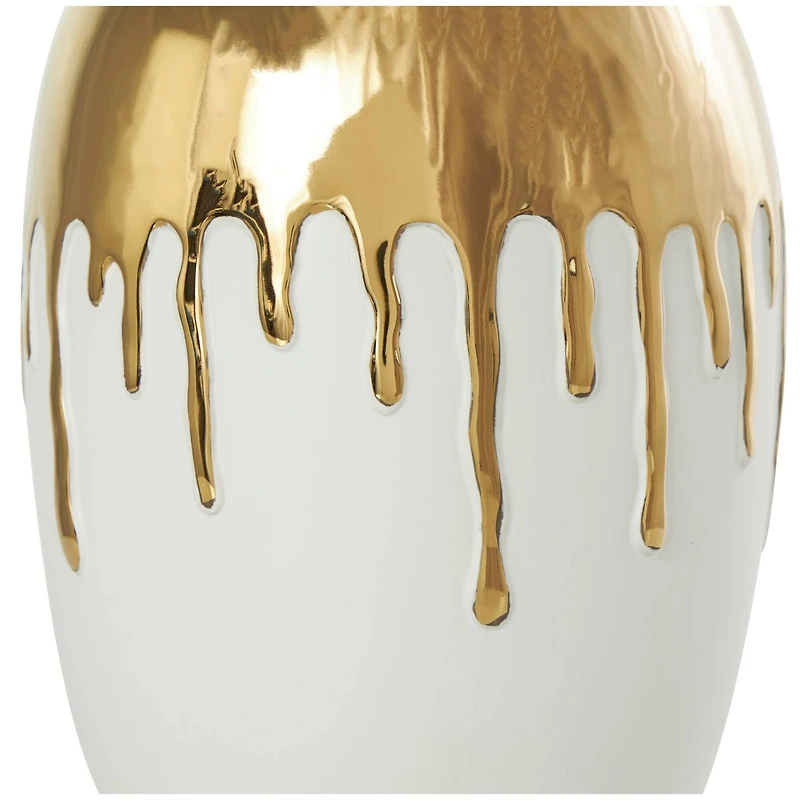 CosmoLiving by Cosmopolitan 13" White Ceramic Vase with Abstract Gold Melting Drips