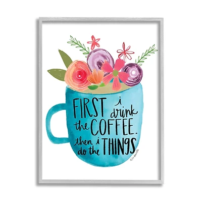 Stupell Industries Drink Coffee Do Things Phrase Blue Floral Mug in Gray Frame Wall Art