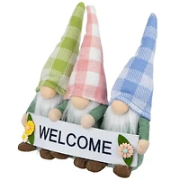 7" Pastel Pink & Green Gnome Trio with Welcome Banner Spring Table Décor