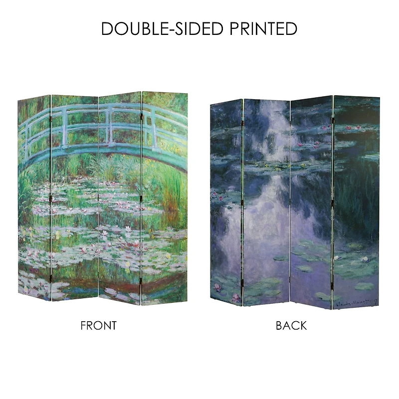 American Art Decor™ 6ft. Double-Sided 4-Panel Monet Water Lilies and Japanese Footbridge Canvas Privacy Screen