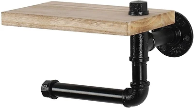 Natural Brown Industrial Wall-Mounted Rustic Toilet Paper Holder with Wood Shelf